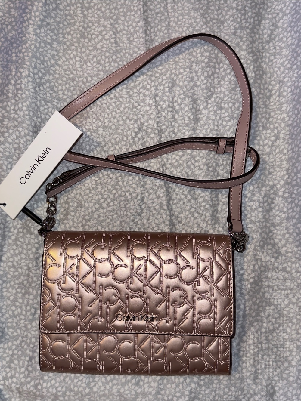Calvin Klein Metallic Rose Crossbody Bag with Embossed CK Logo